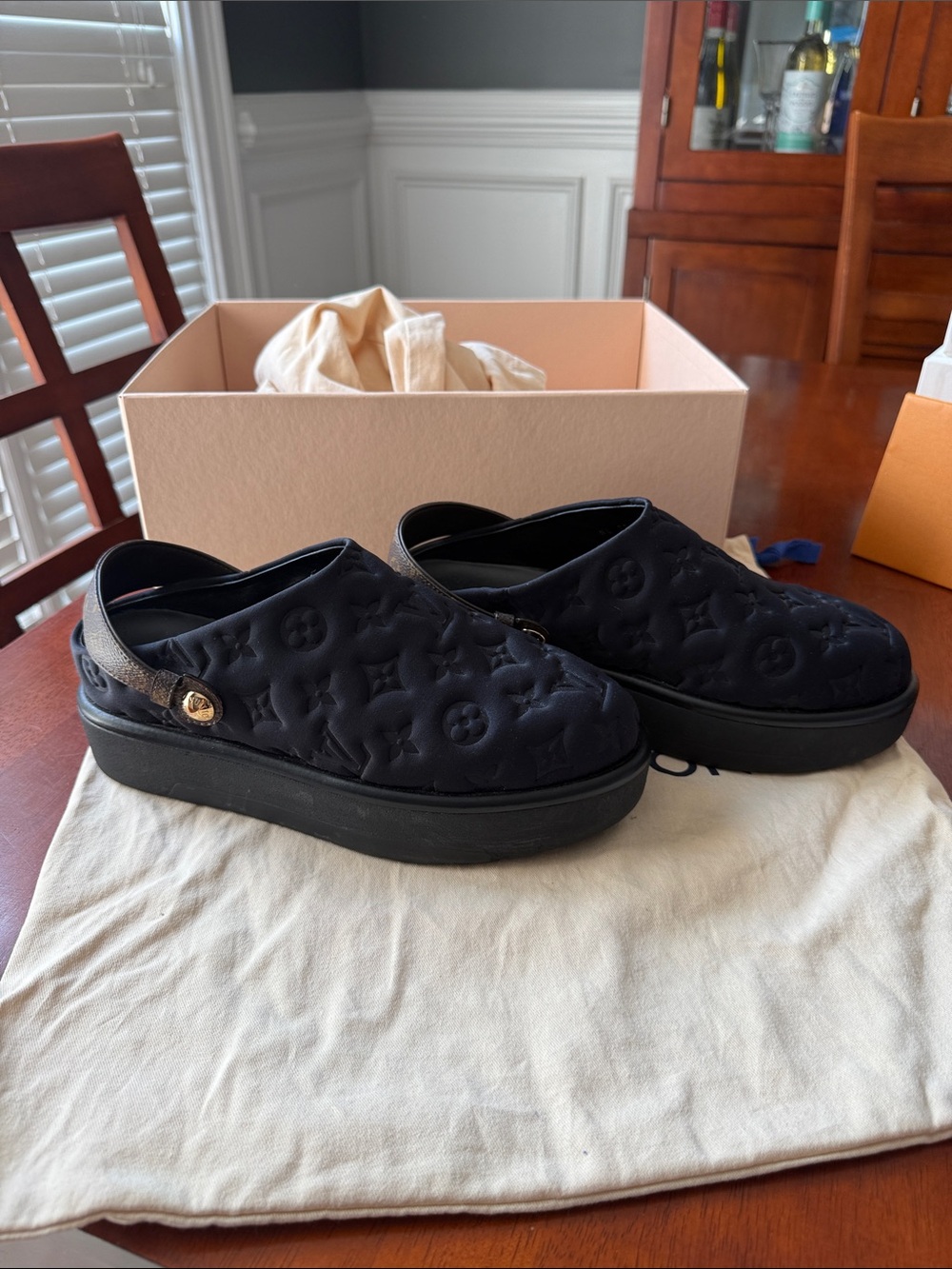 Louis Vuitton Black Quilted Monogram Slingback Platform Clogs